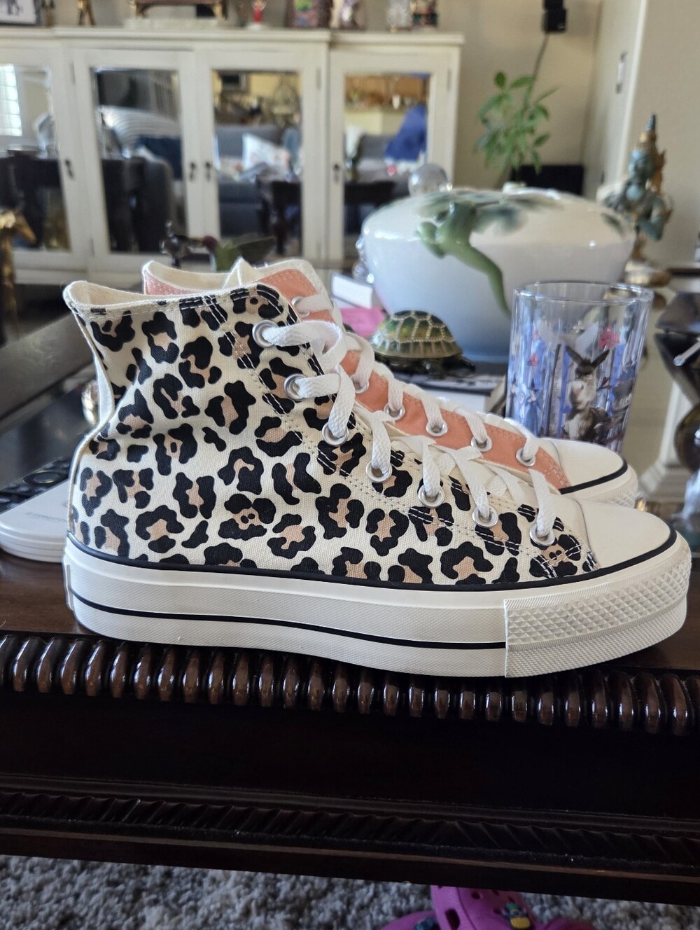 Converse High-Top Leopard Print Sneakers in Beige, Black and Pink Platforms